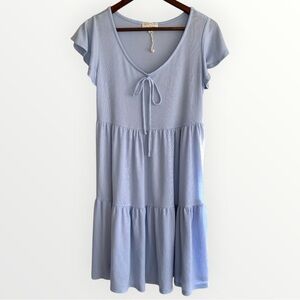 See You Monday Women’s Scoop Tie Neck Dress Size L Blue Short Sleeve Ribbed NWOT